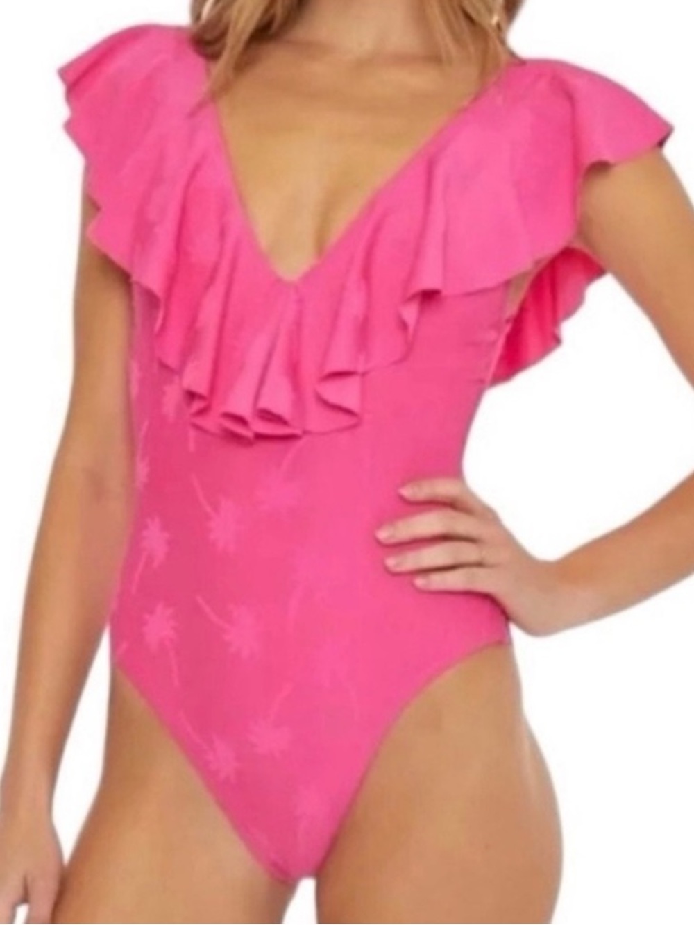 TRINA TURK JOPLIN JACQUARD PLUNGE ONE PIECE SWIMSUIT, HOT PINK